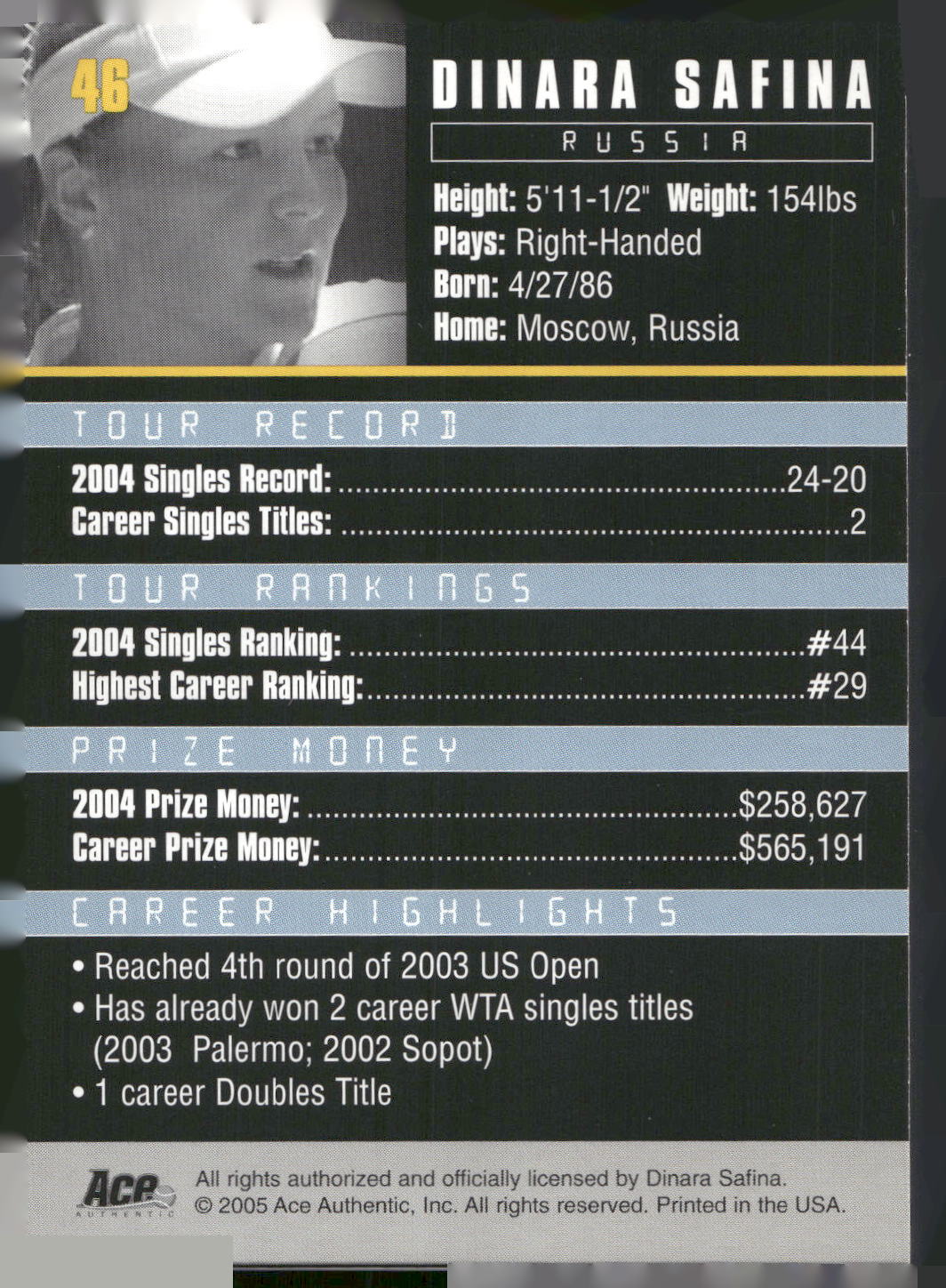 2005 Ace Authentic Debut Edition #46 Dinara Safina