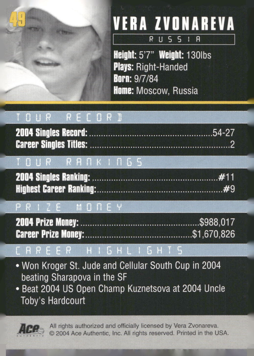 2005 Ace Authentic Debut Edition #49 Vera Zvonareva