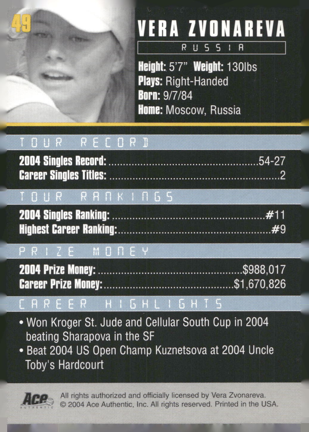 2005 Ace Authentic Debut Edition #49 Vera Zvonareva
