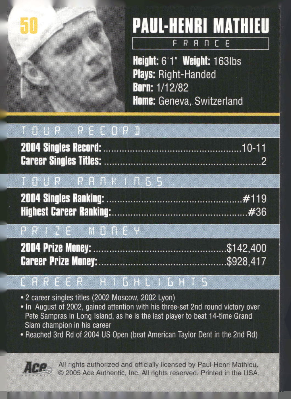 2005 Ace Authentic Debut Edition #50 Paul-Henri Mathieu