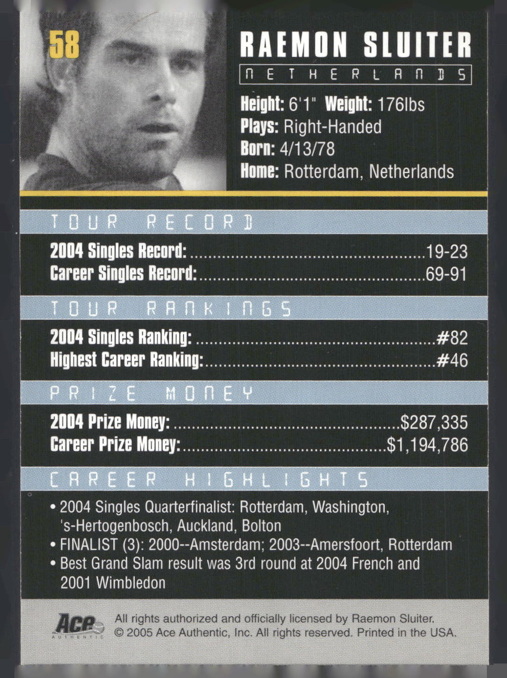2005 Ace Authentic Debut Edition #58 Raemon Sluiter