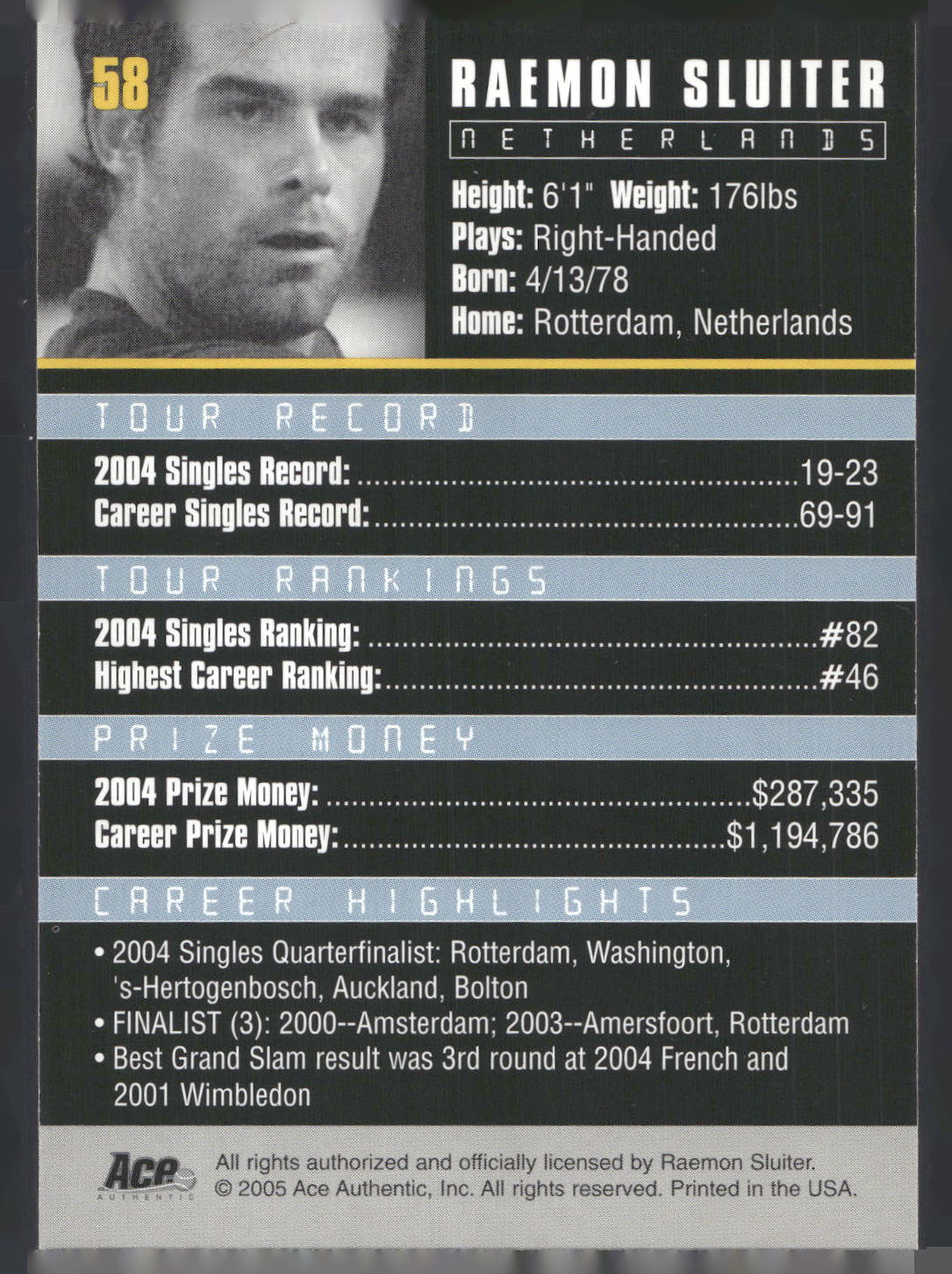 2005 Ace Authentic Debut Edition #58 Raemon Sluiter