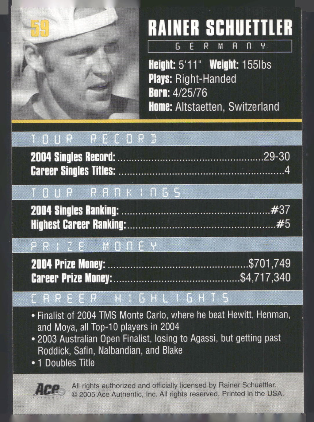2005 Ace Authentic Debut Edition #59 Rainer Schuettler