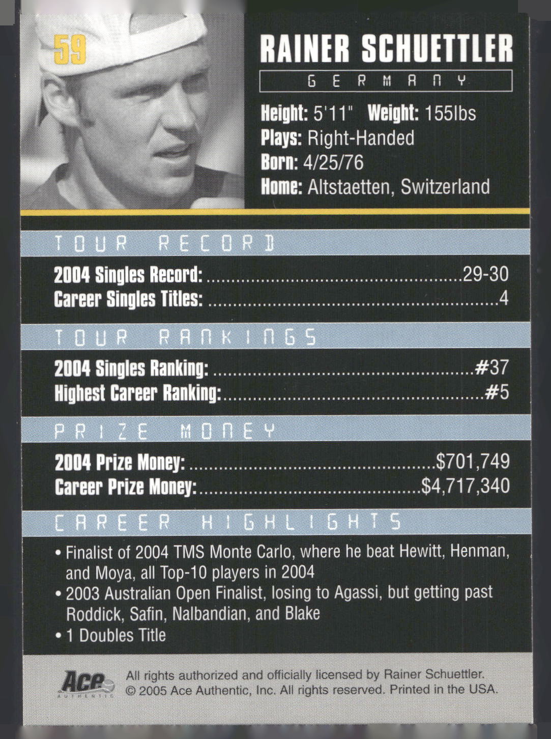 2005 Ace Authentic Debut Edition #59 Rainer Schuettler