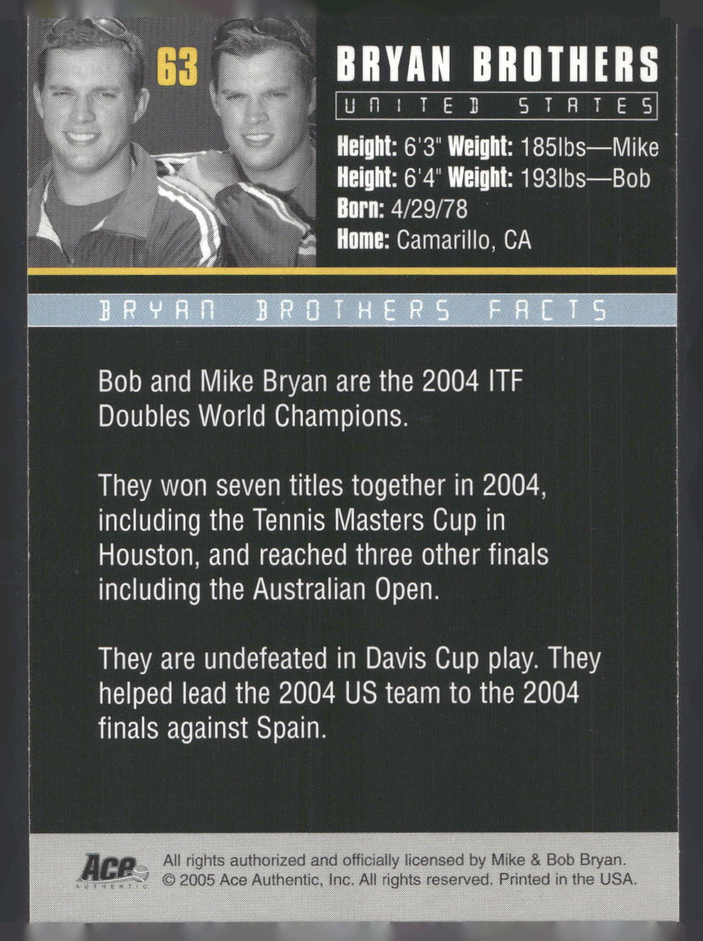 2005 Ace Authentic Debut Edition #63 Bryan Brothers (Bob Bryan / Mike Bryan)