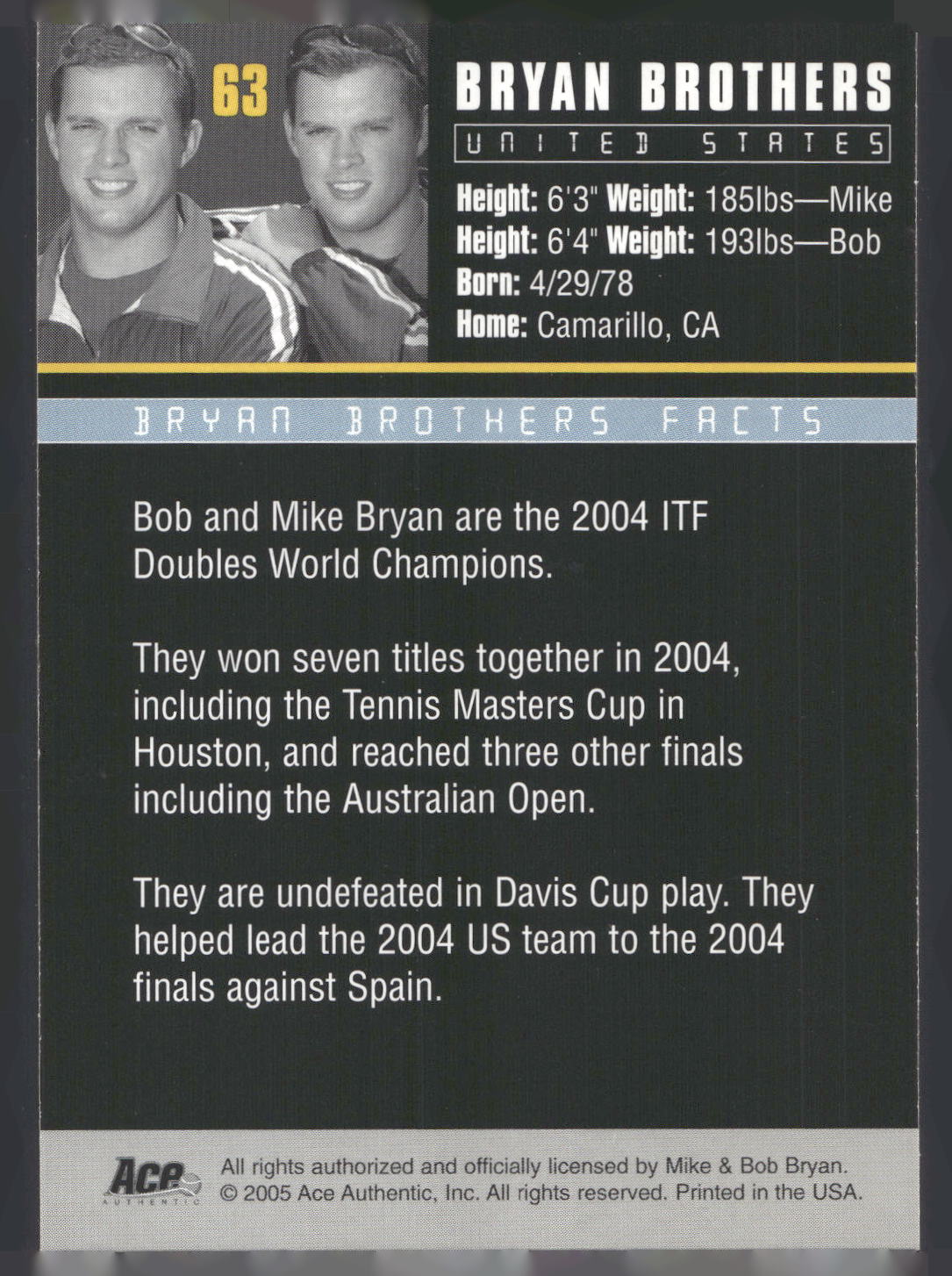 2005 Ace Authentic Debut Edition #63 Bryan Brothers (Bob Bryan / Mike Bryan)