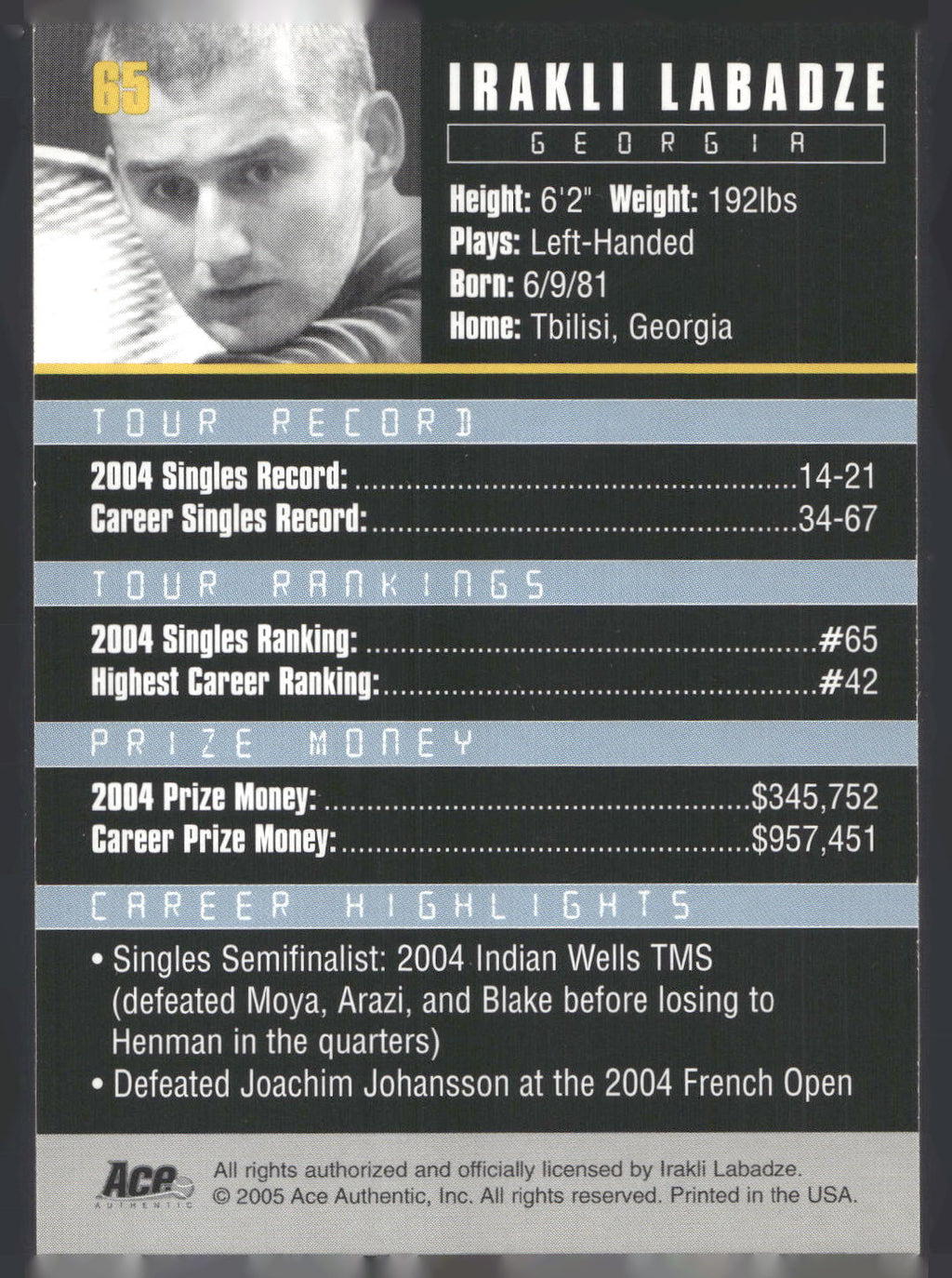 2005 Ace Authentic Debut Edition #65 Irakli Labadze
