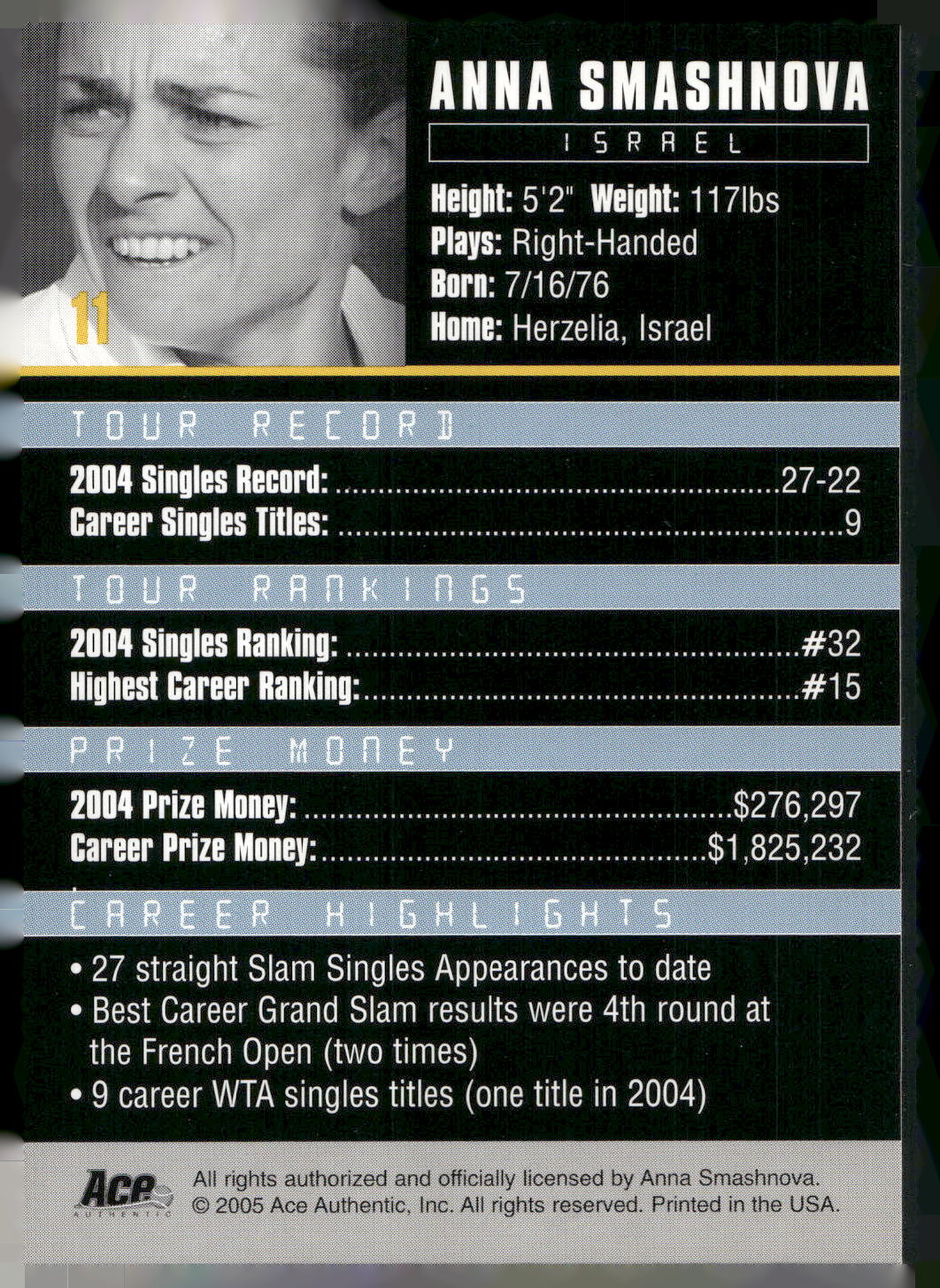 2005 Ace Authentic Debut Edition #11 Anna Smashnova