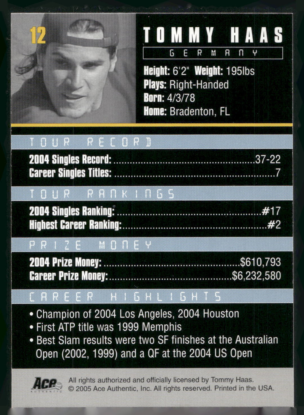 2005 Ace Authentic Debut Edition #12 Tommy Haas