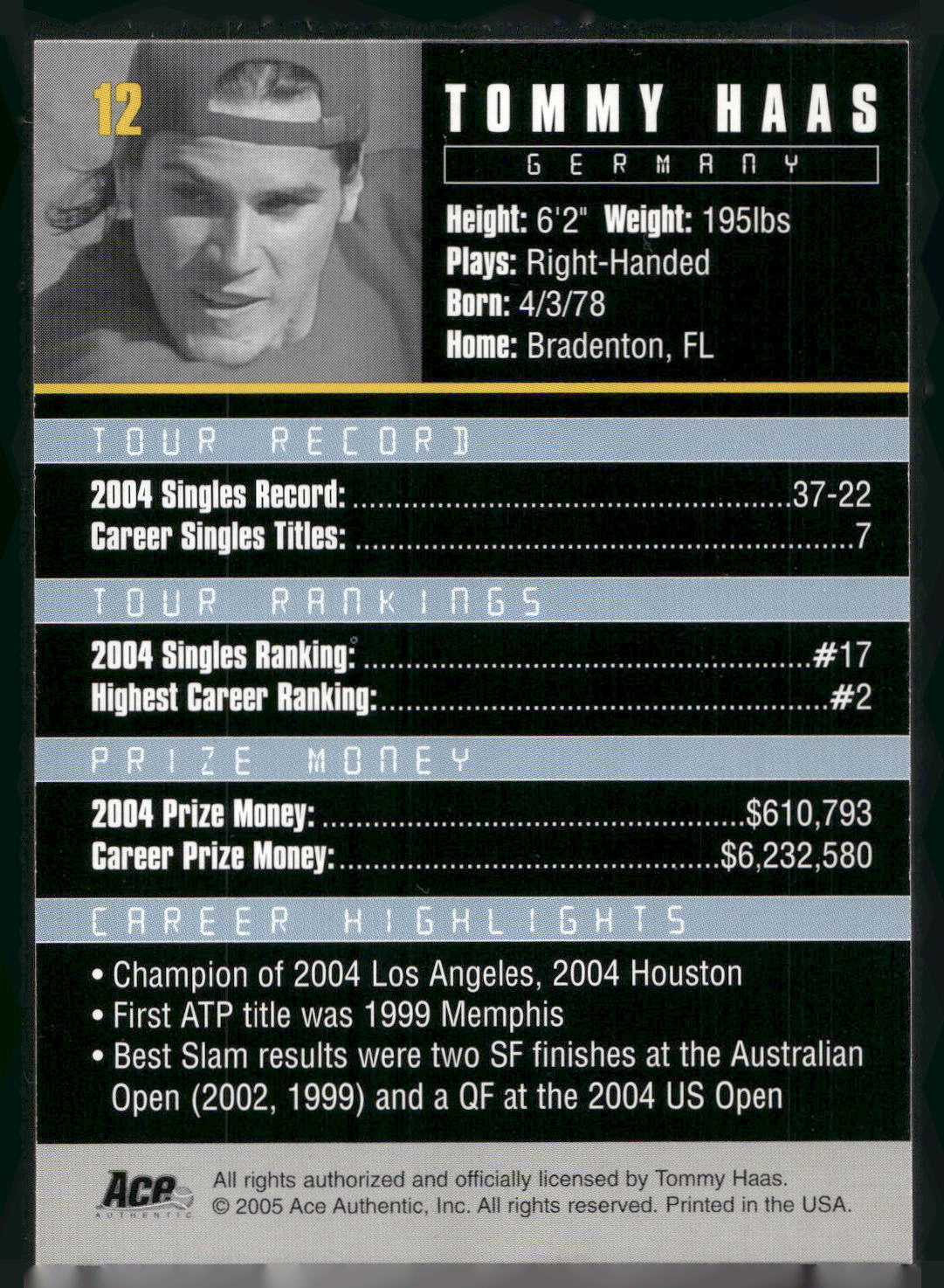 2005 Ace Authentic Debut Edition #12 Tommy Haas