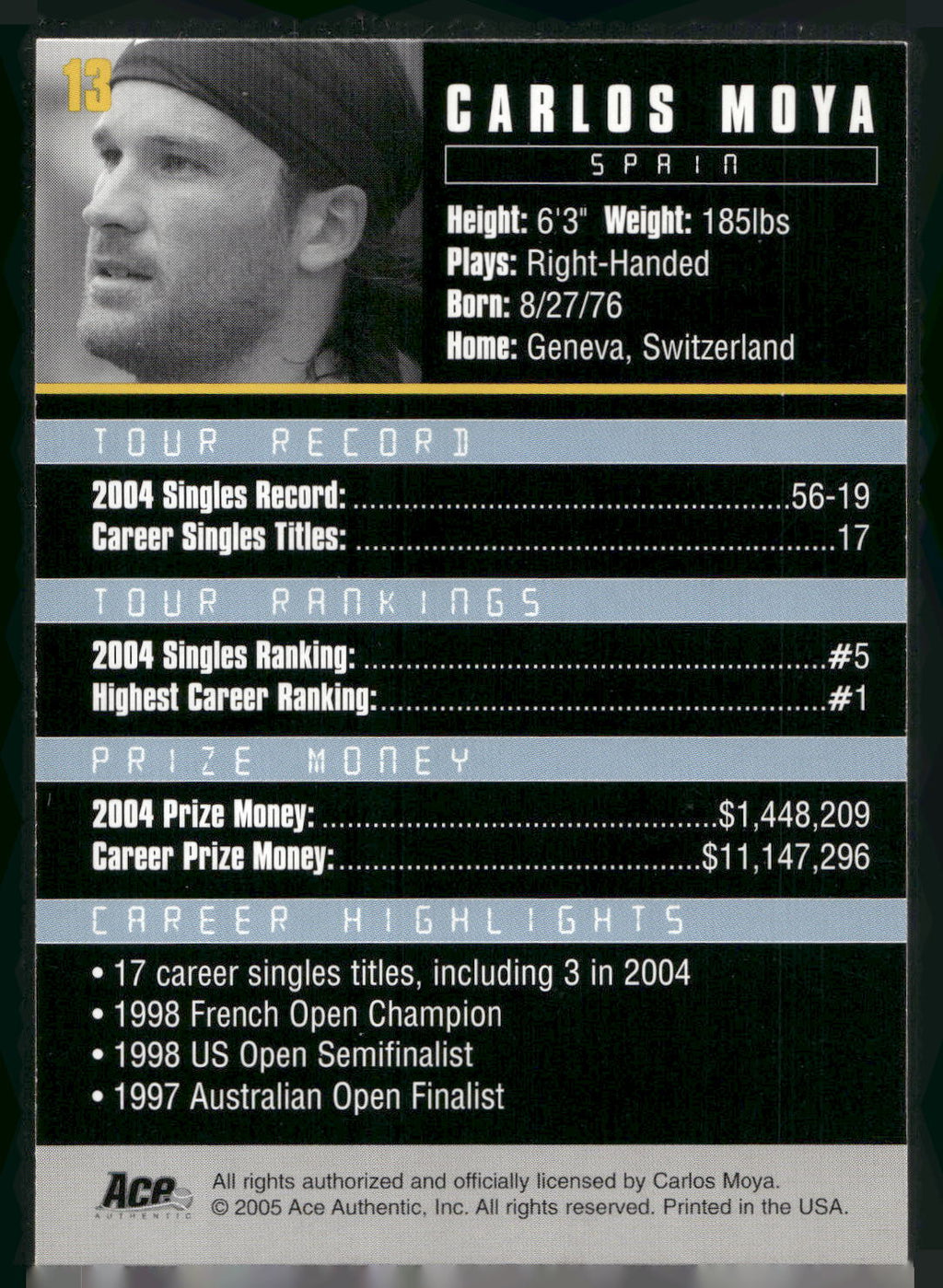 2005 Ace Authentic Debut Edition #13 Carlos Moya