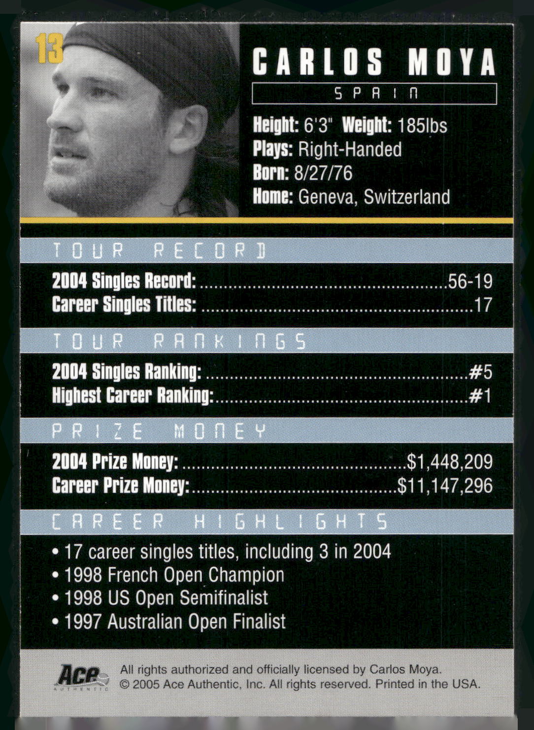 2005 Ace Authentic Debut Edition #13 Carlos Moya