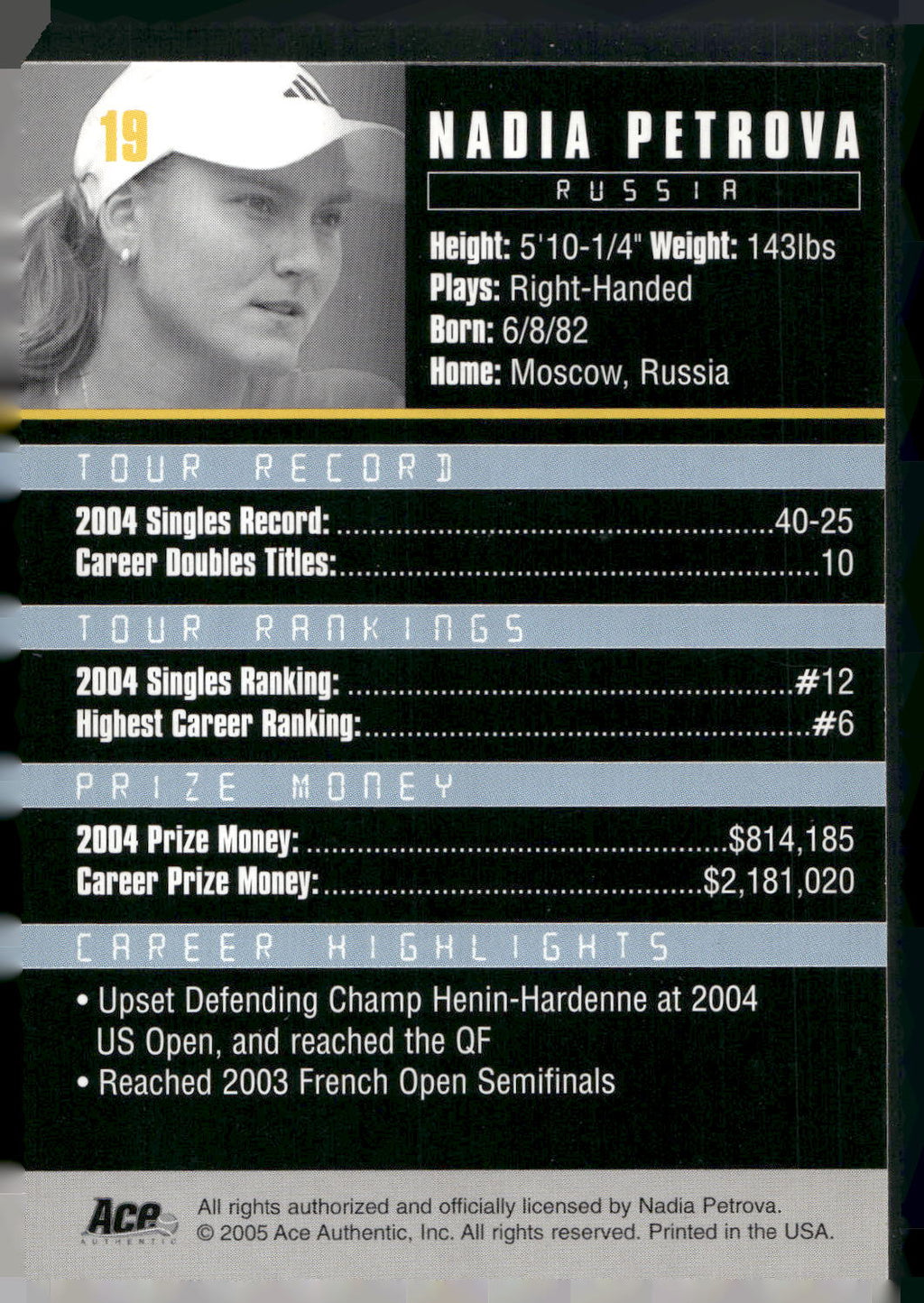 2005 Ace Authentic Debut Edition #19 Nadia Petrova