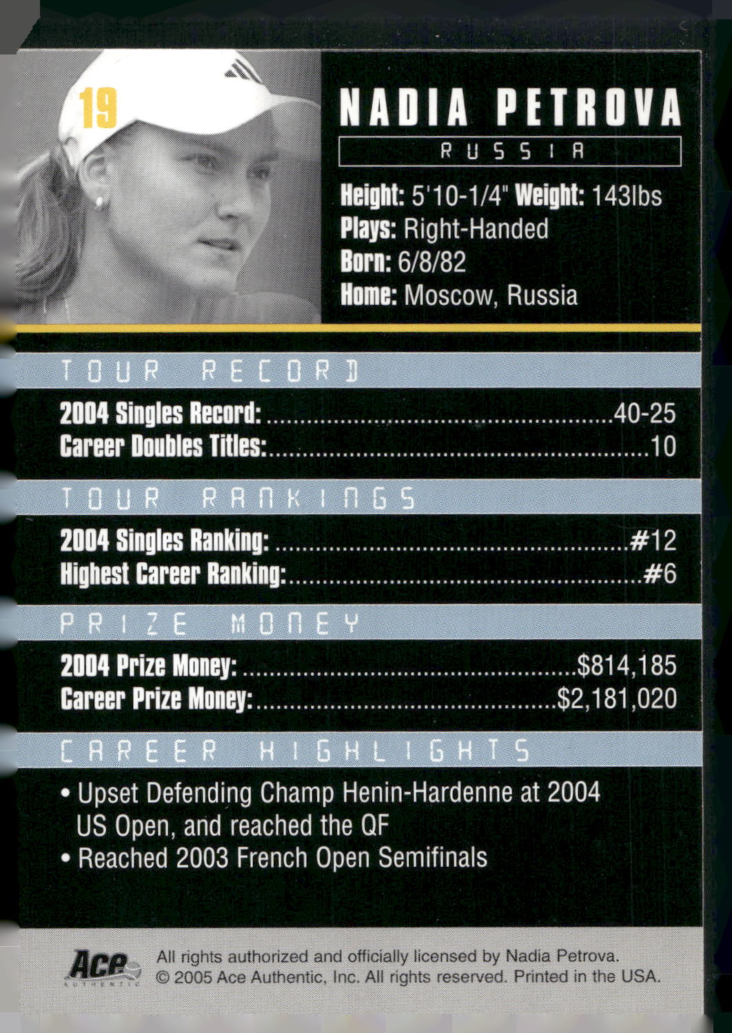 2005 Ace Authentic Debut Edition #19 Nadia Petrova