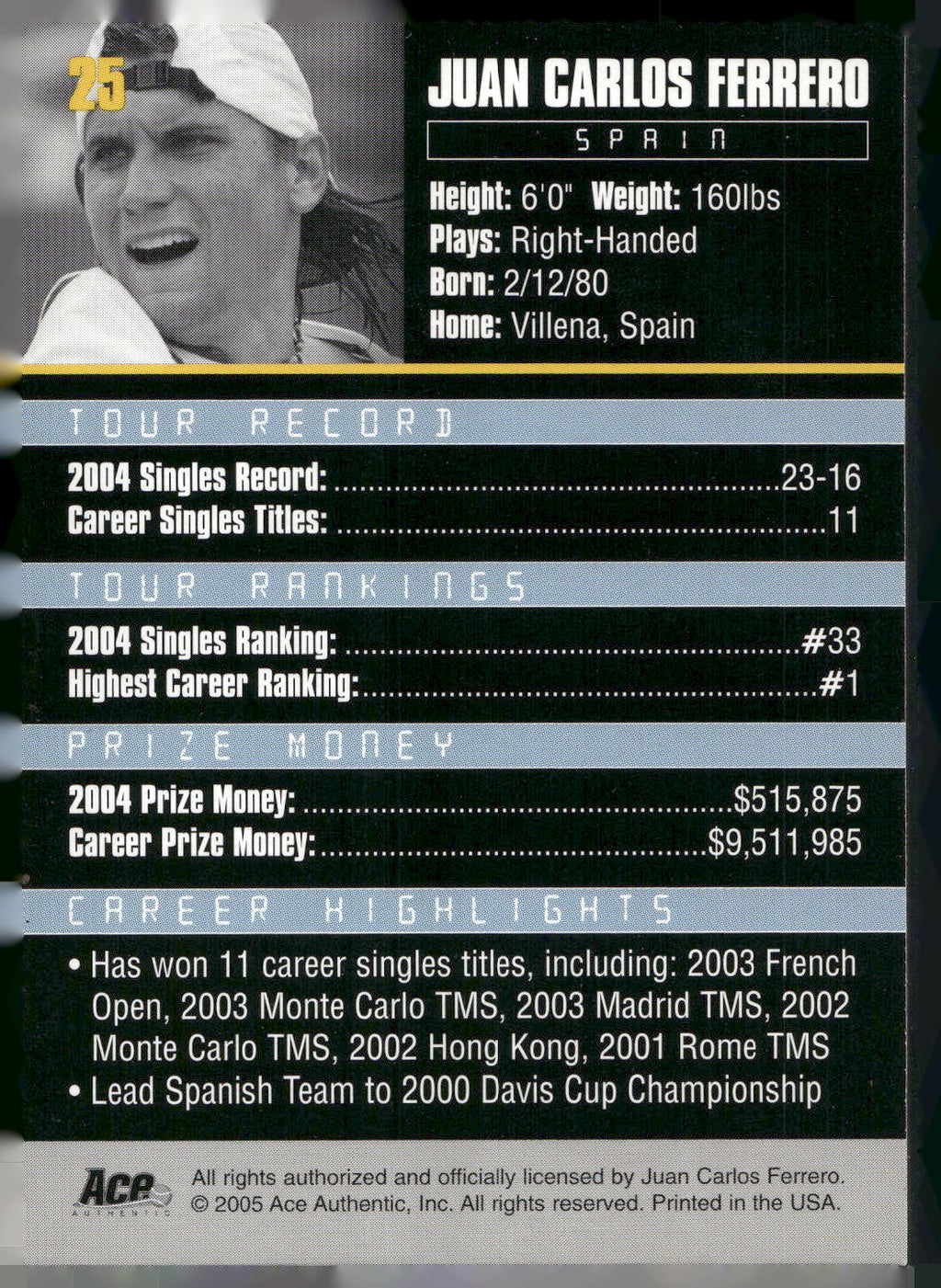 2005 Ace Authentic Debut Edition #25 Juan Carlos Ferrero