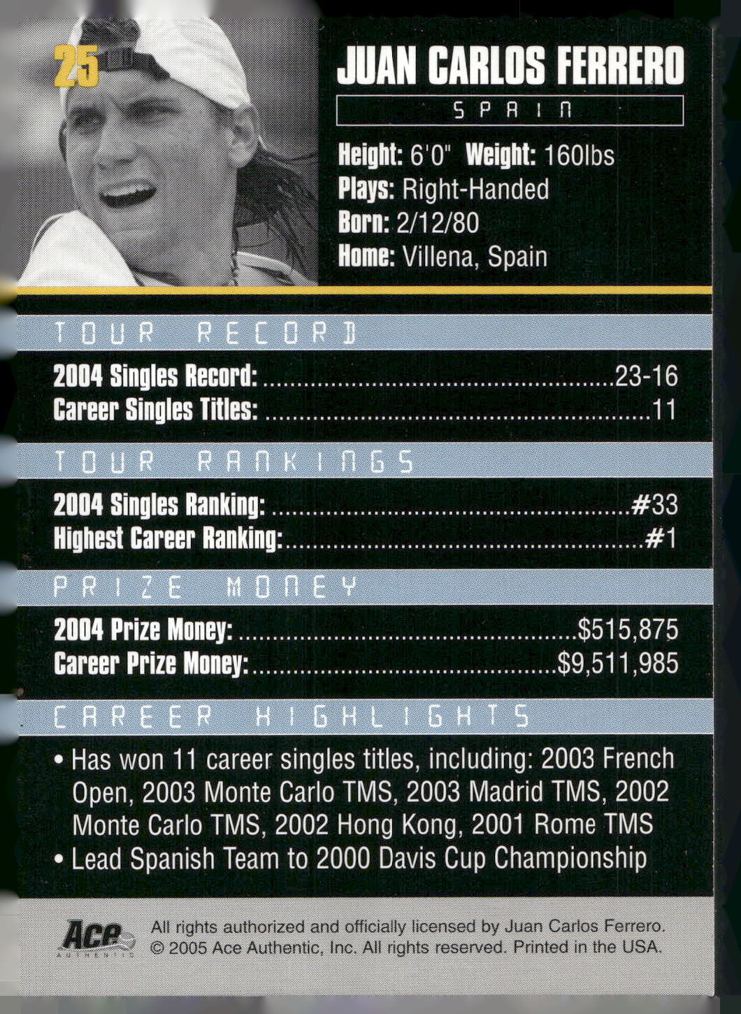 2005 Ace Authentic Debut Edition #25 Juan Carlos Ferrero