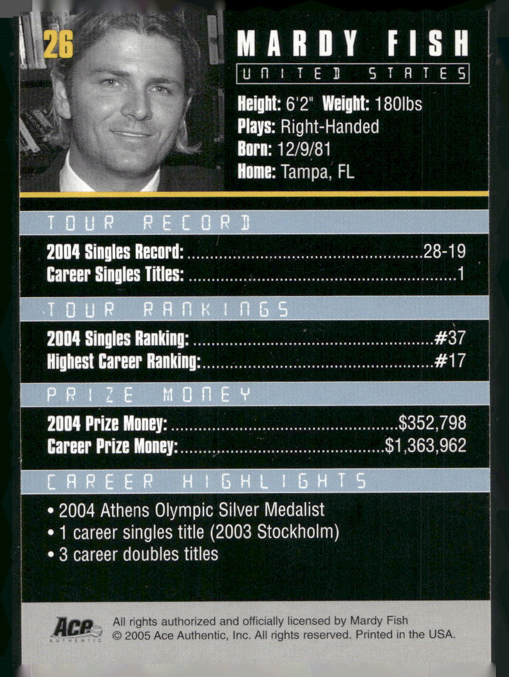 2005 Ace Authentic Debut Edition #26 Mardy Fish