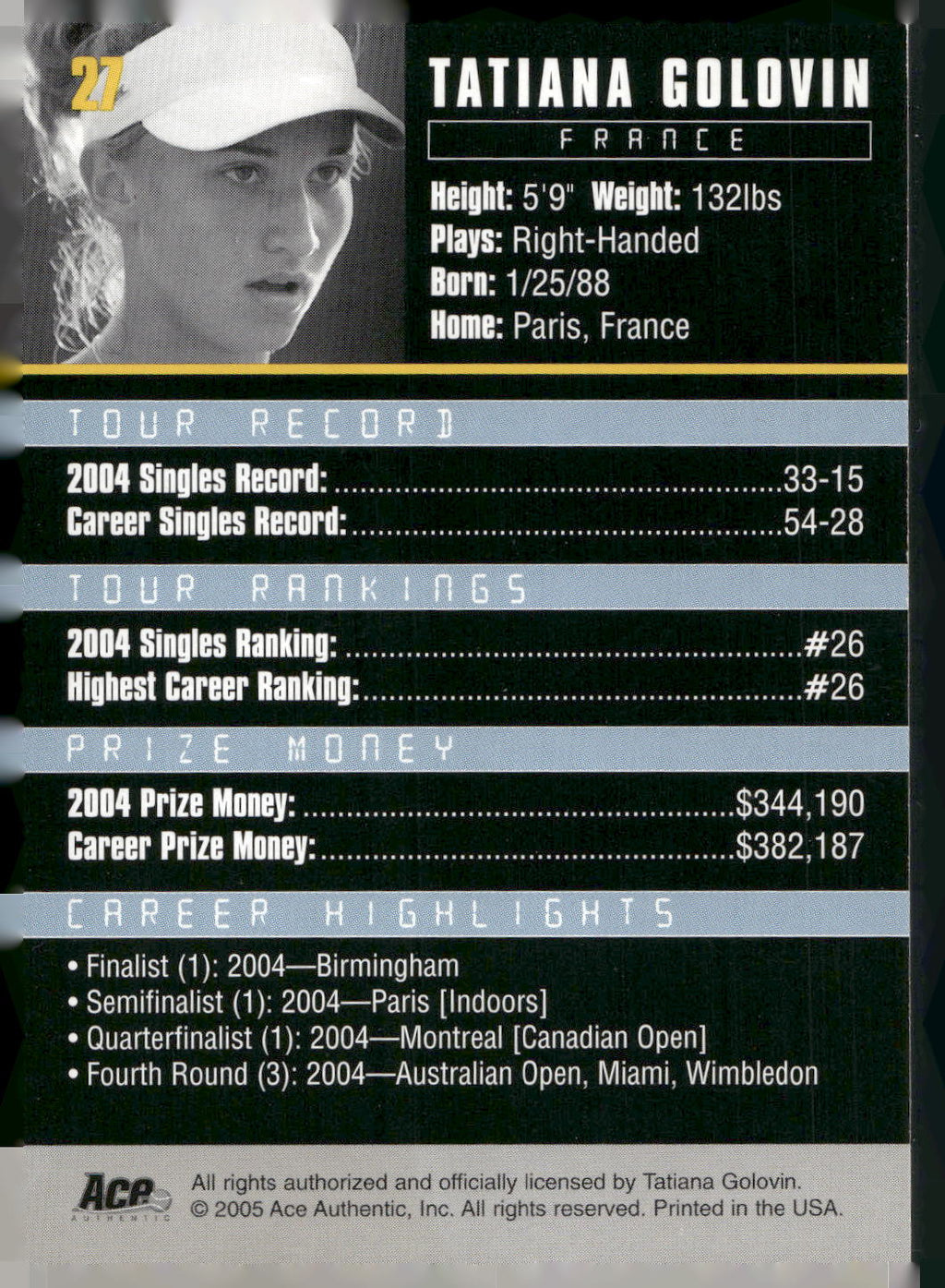2005 Ace Authentic Debut Edition #27 Tatiana Golovin