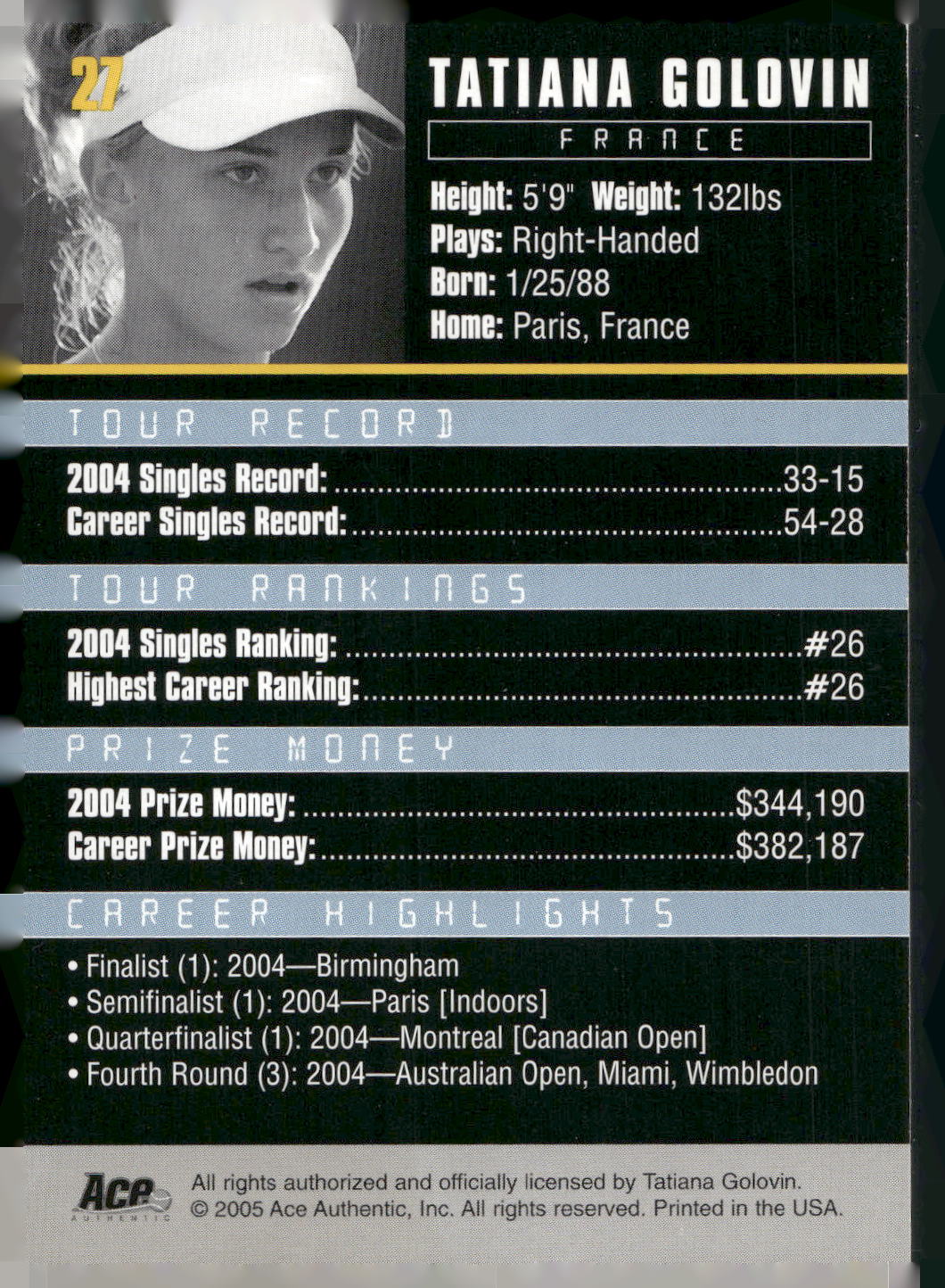 2005 Ace Authentic Debut Edition #27 Tatiana Golovin