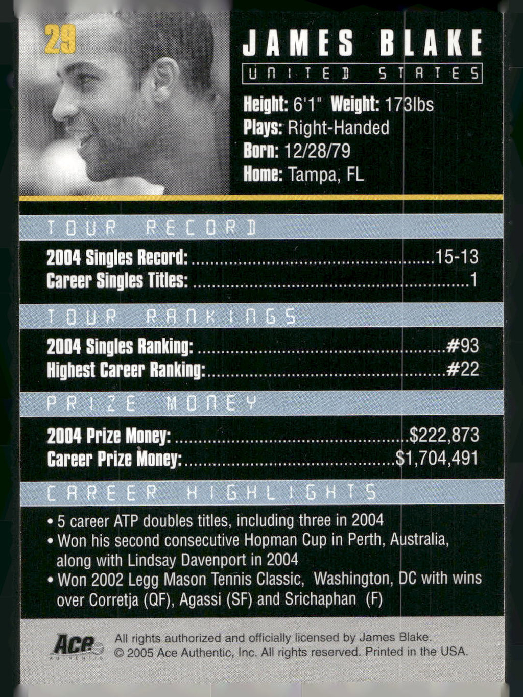 2005 Ace Authentic Debut Edition #29 James Blake