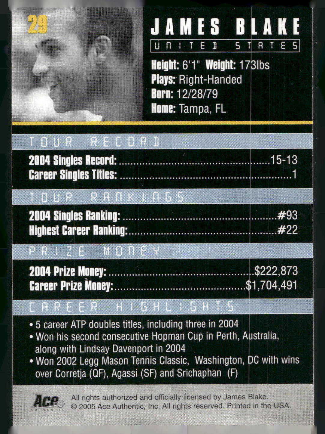 2005 Ace Authentic Debut Edition #29 James Blake