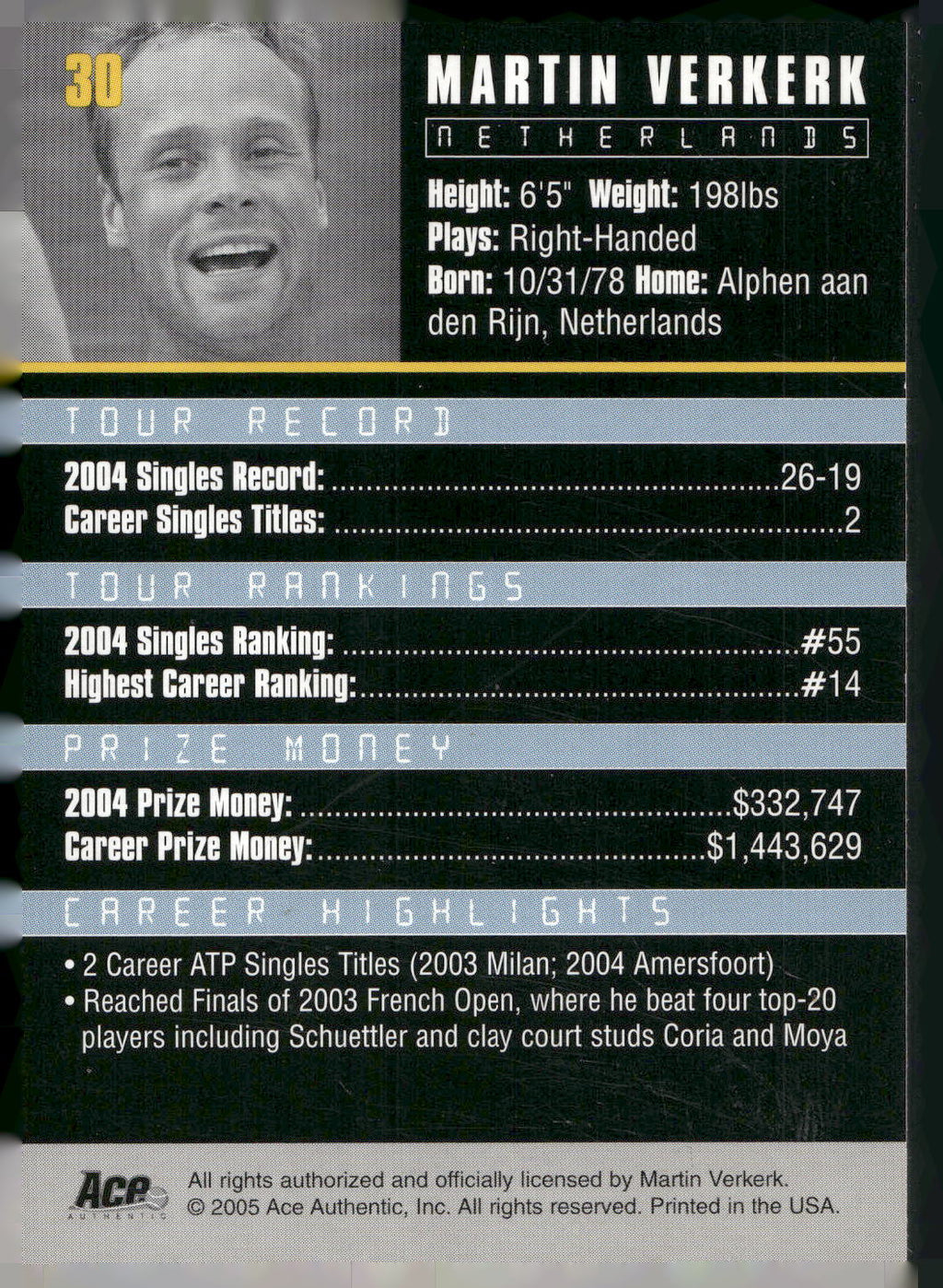 2005 Ace Authentic Debut Edition #30 Martin Verkerk