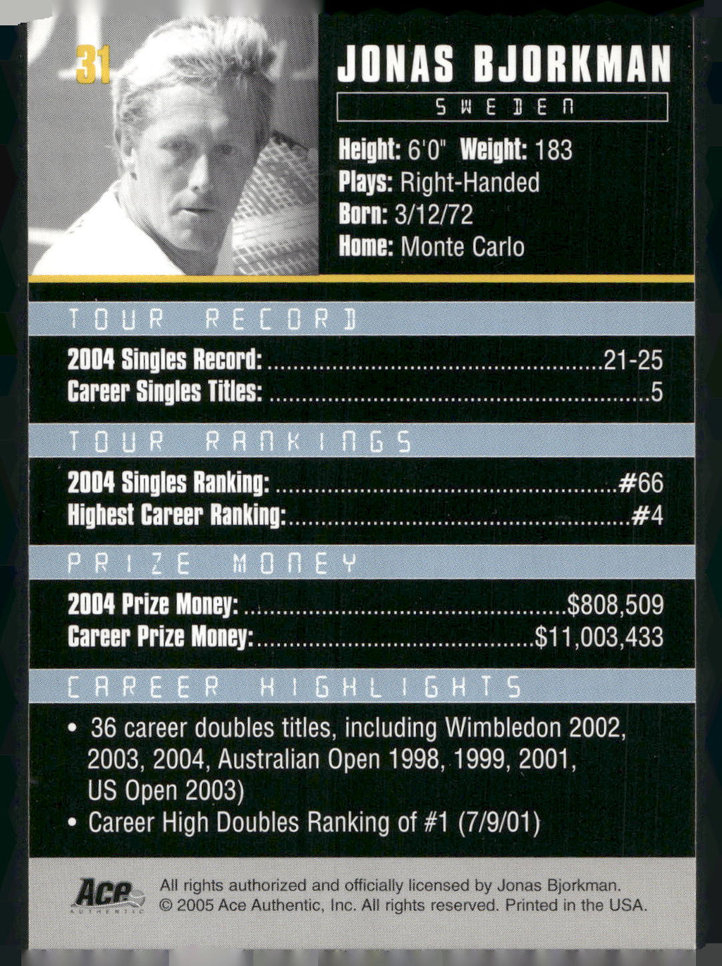 2005 Ace Authentic Debut Edition #31 Jonas Bjorkman