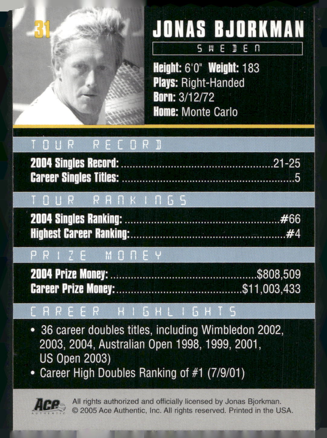 2005 Ace Authentic Debut Edition #31 Jonas Bjorkman
