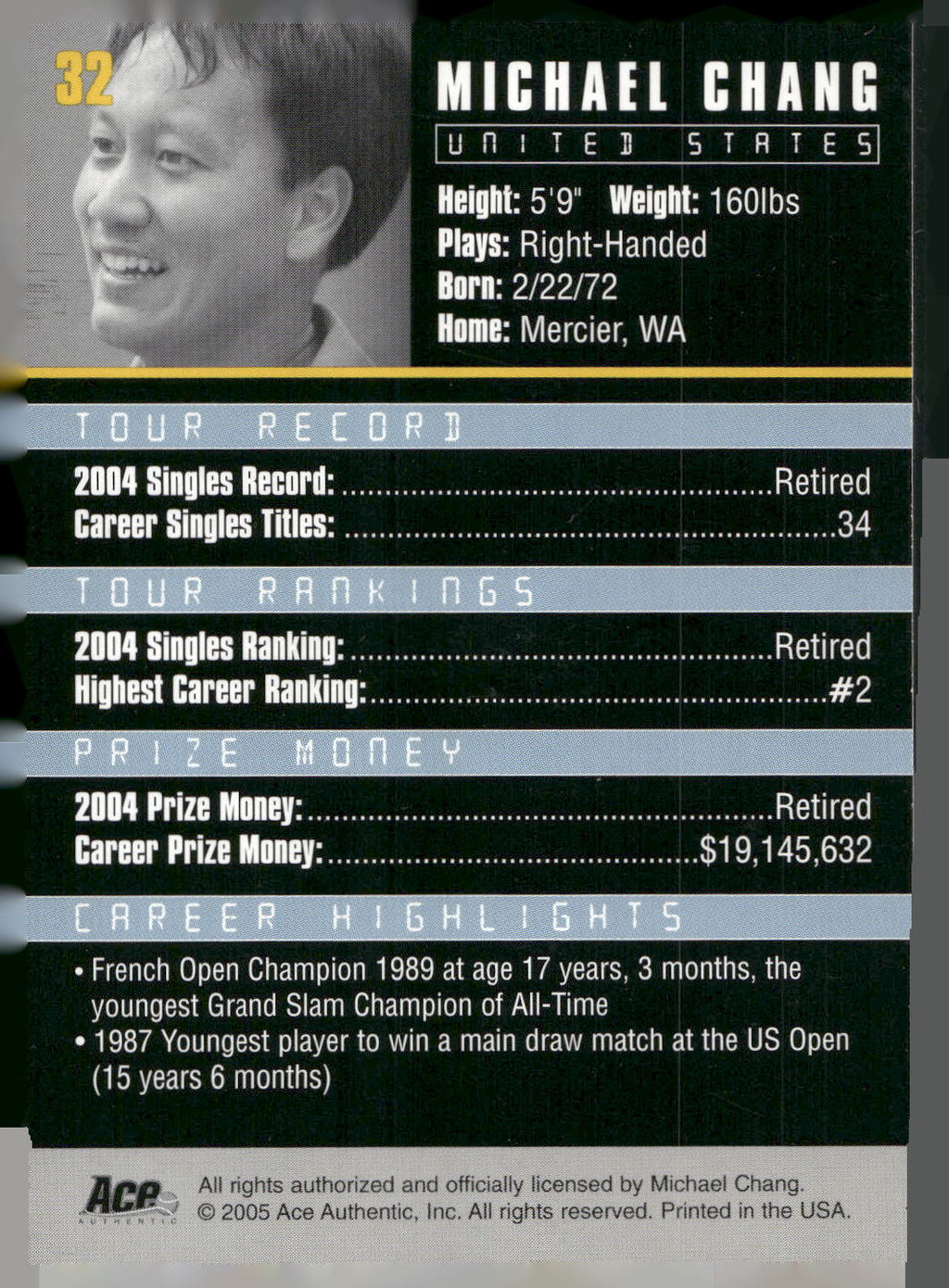2005 Ace Authentic Debut Edition #32 Michael Chang