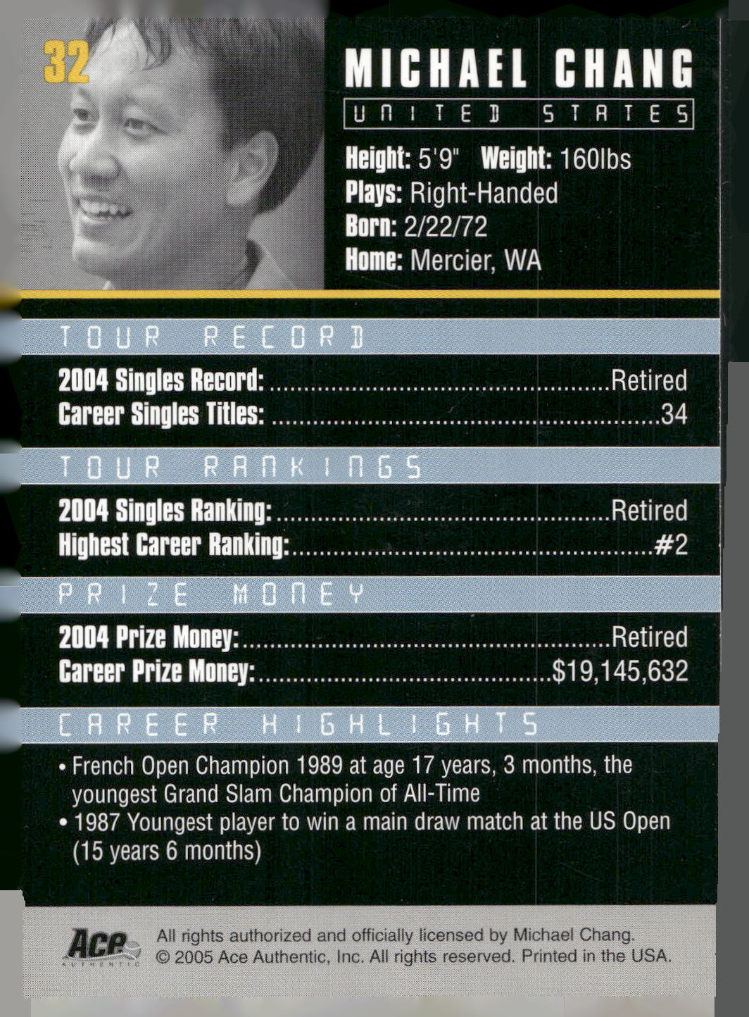 2005 Ace Authentic Debut Edition #32 Michael Chang
