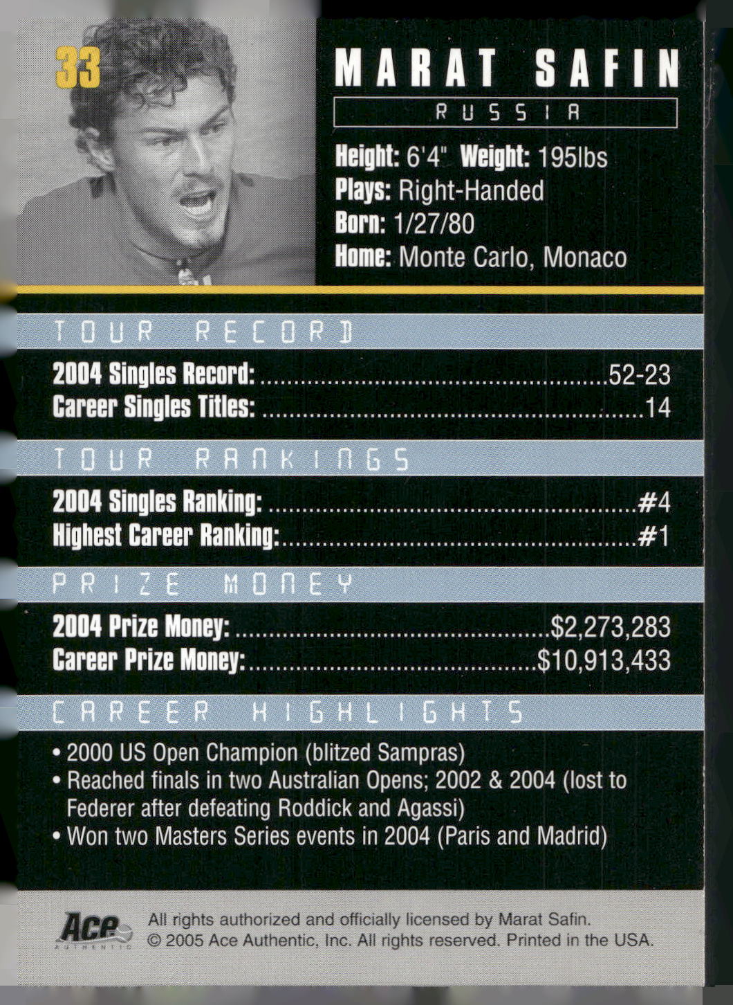 2005 Ace Authentic Debut Edition #33 Marat Safin