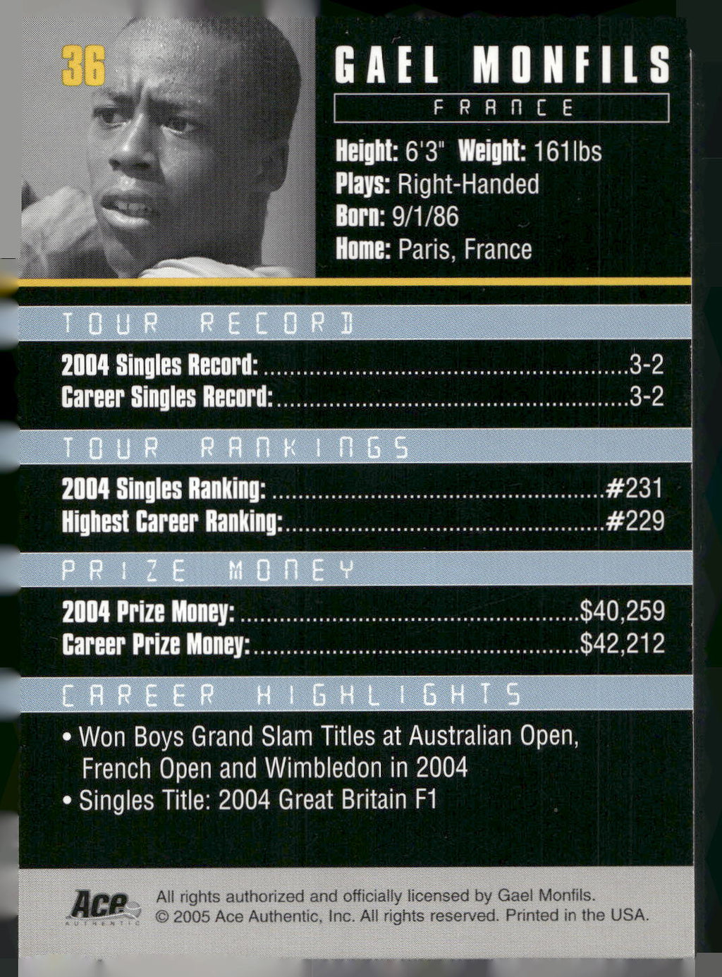 2005 Ace Authentic Debut Edition #36 Gael Monfils