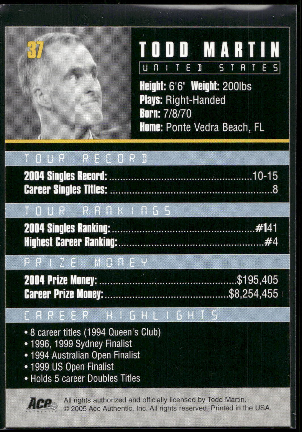 2005 Ace Authentic Debut Edition #37 Todd Martin