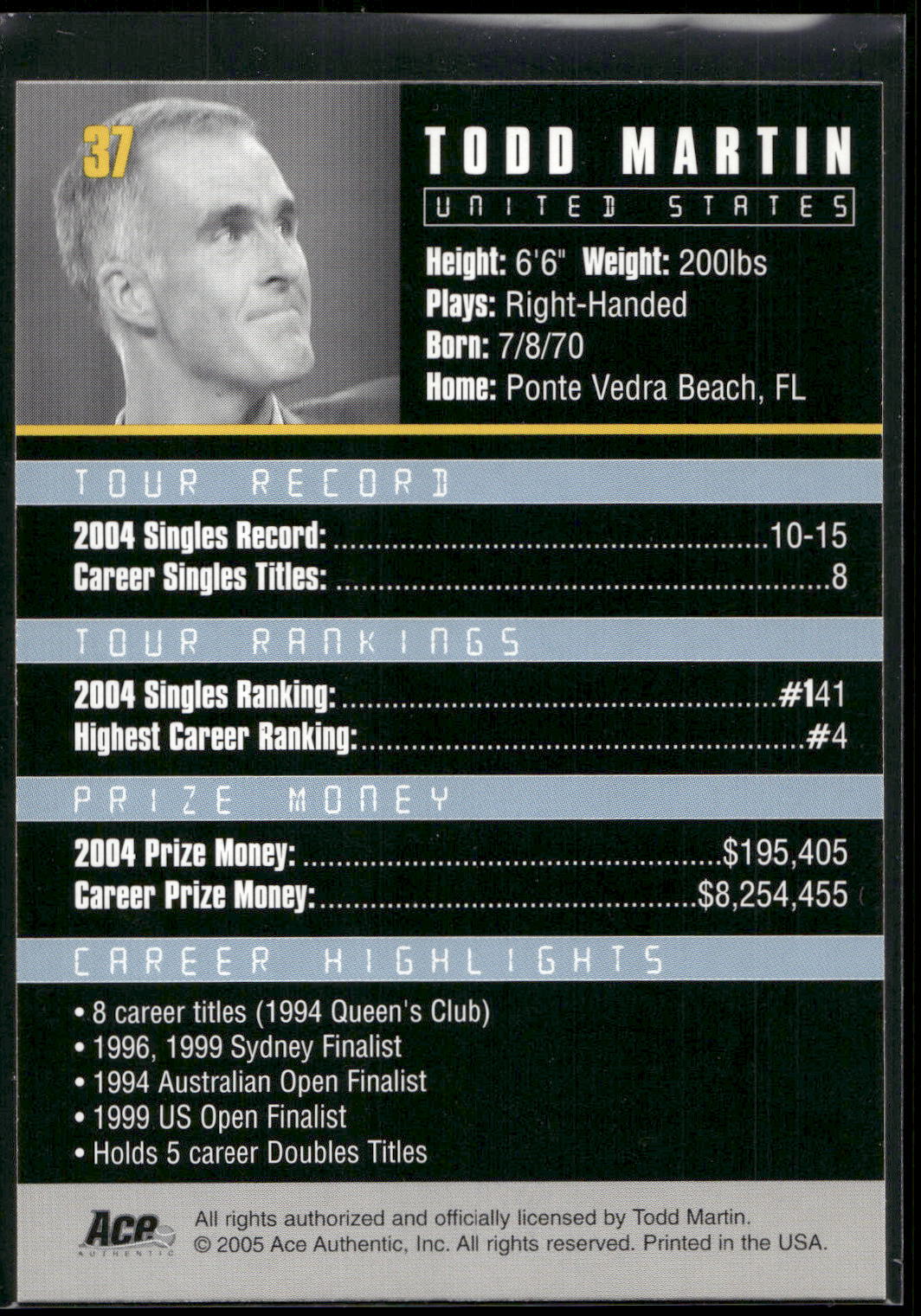 2005 Ace Authentic Debut Edition #37 Todd Martin