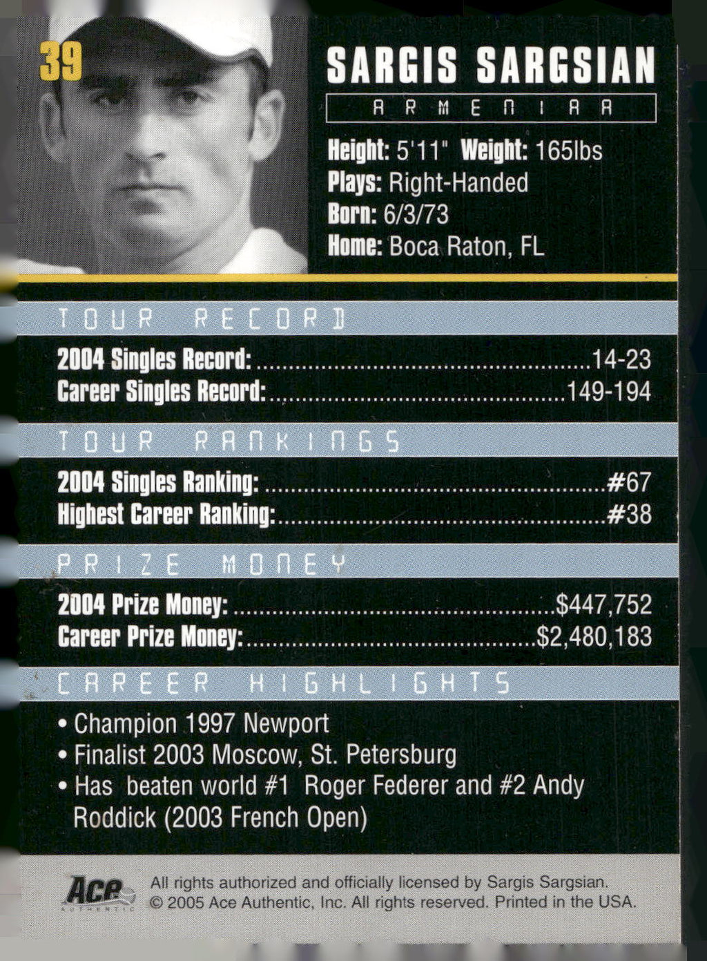 2005 Ace Authentic Debut Edition #39 Sargis Sargsian