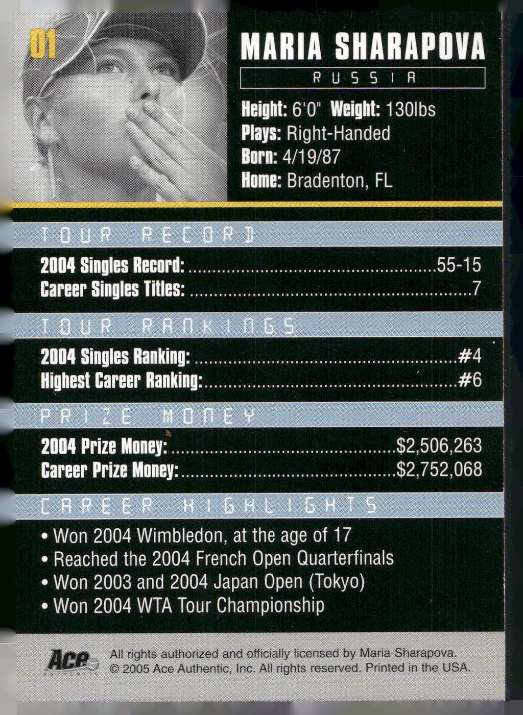 2005 Ace Authentic Debut Edition #01 Maria Sharapova