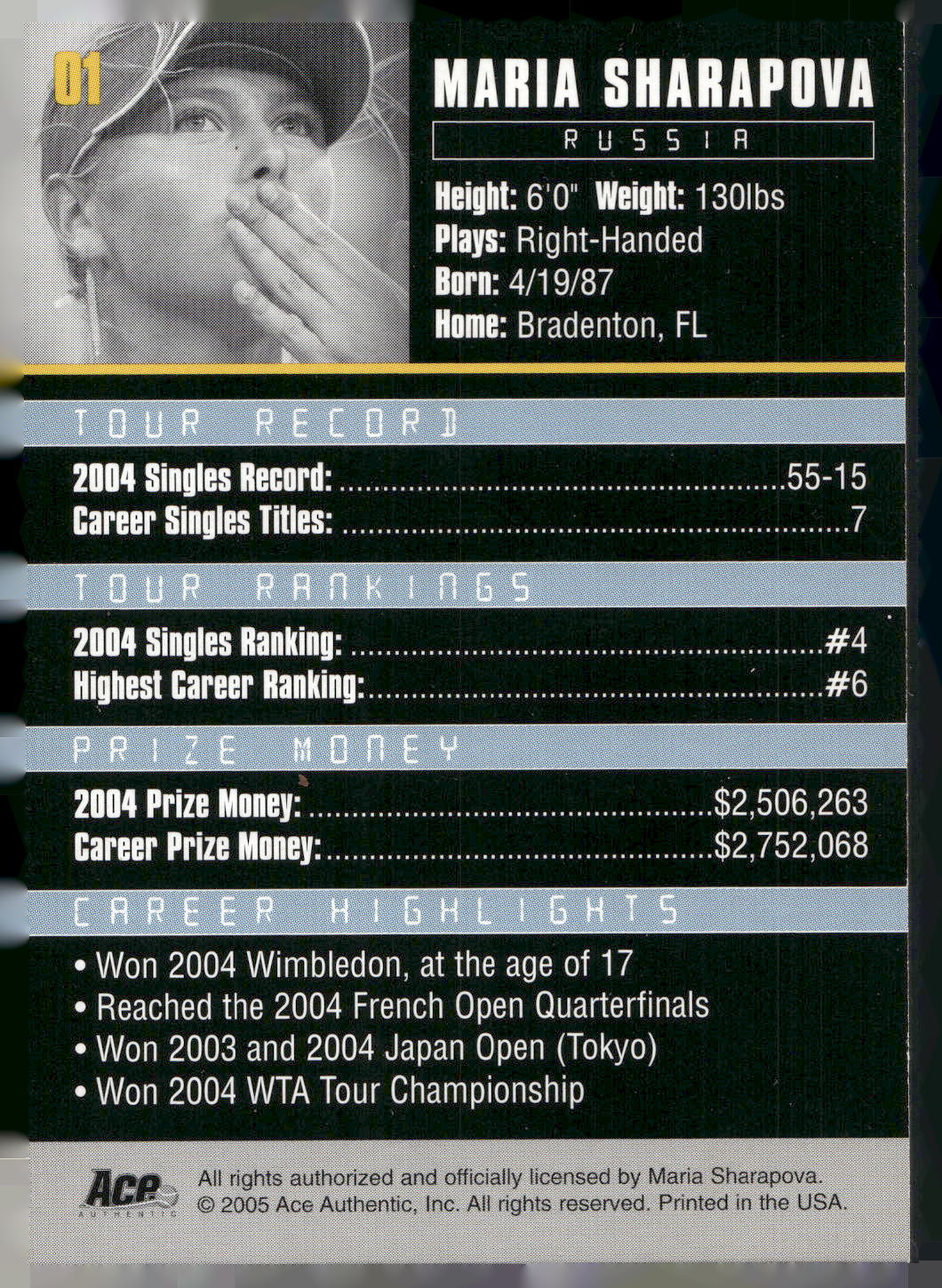 2005 Ace Authentic Debut Edition #01 Maria Sharapova