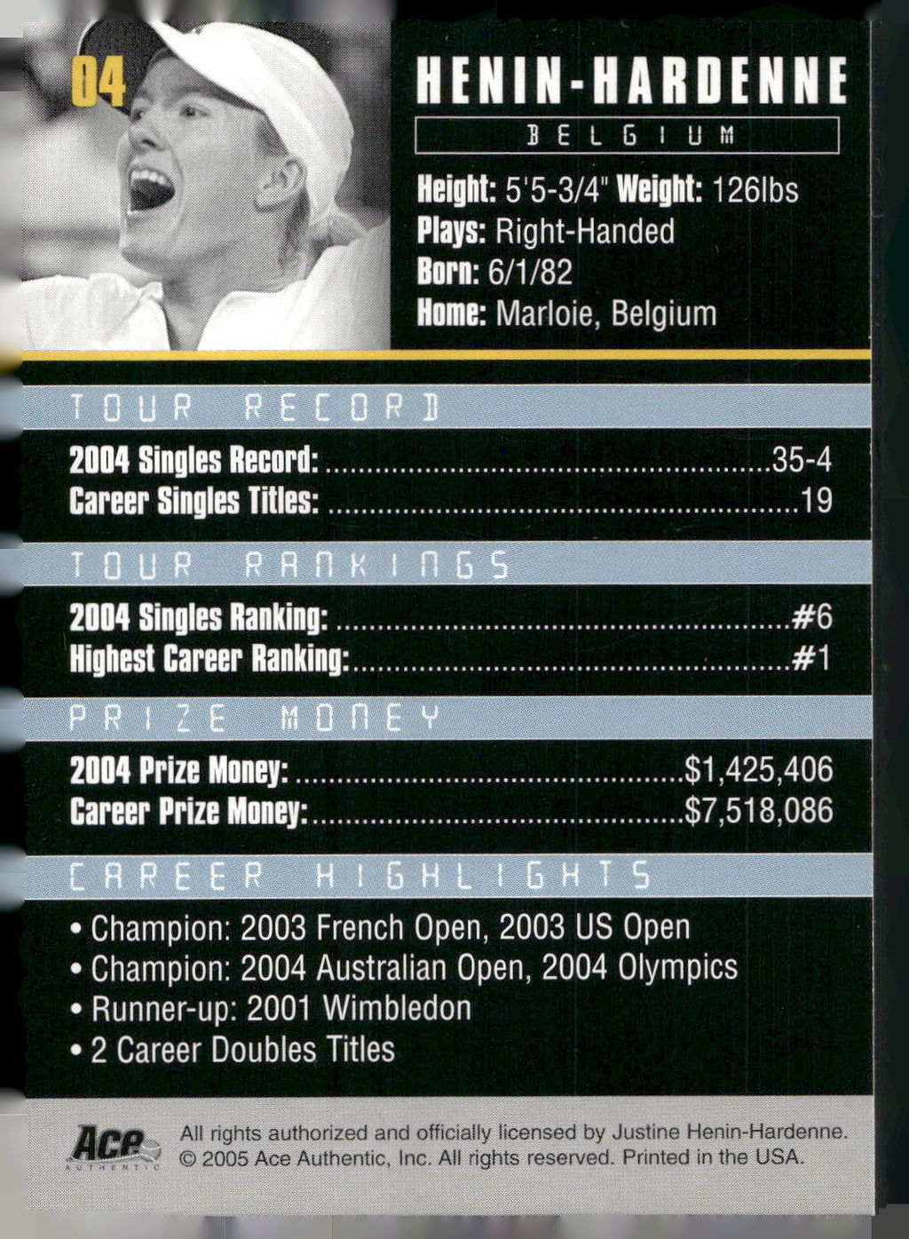 2005 Ace Authentic Debut Edition #04 Justine Henin-Hardenne