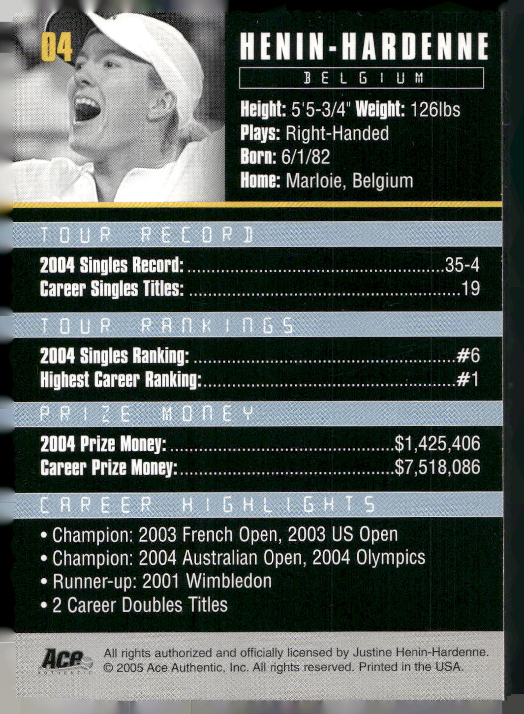 2005 Ace Authentic Debut Edition #04 Justine Henin-Hardenne