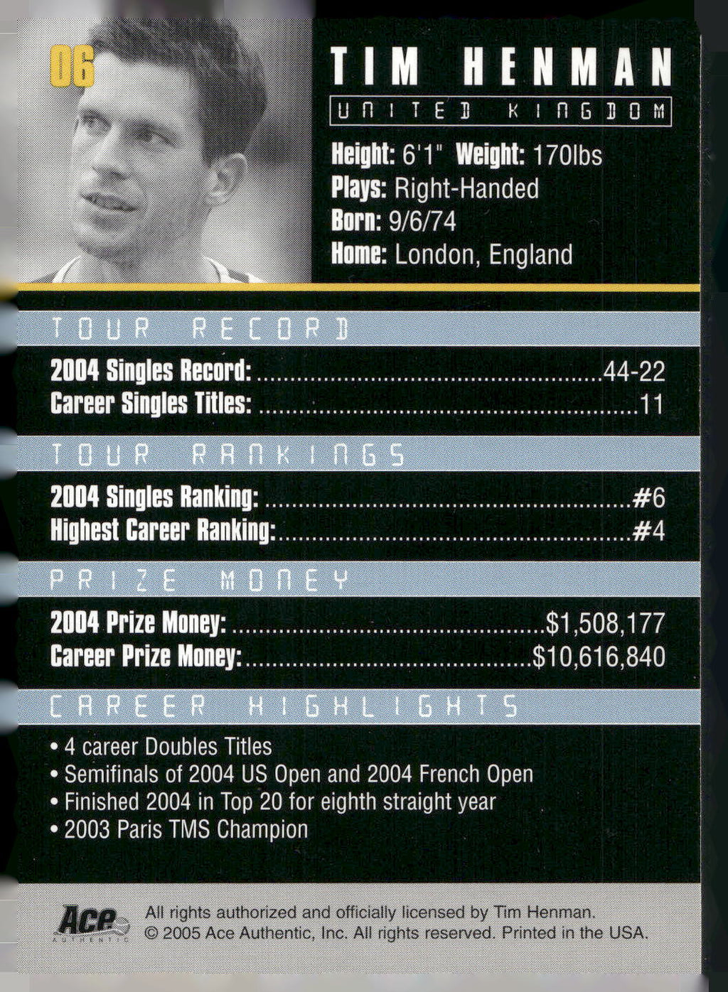 2005 Ace Authentic Debut Edition #06 Tim Henman