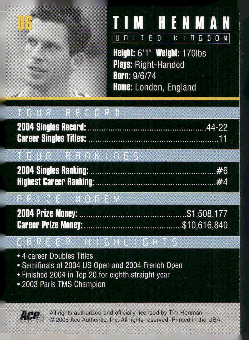 2005 Ace Authentic Debut Edition #06 Tim Henman