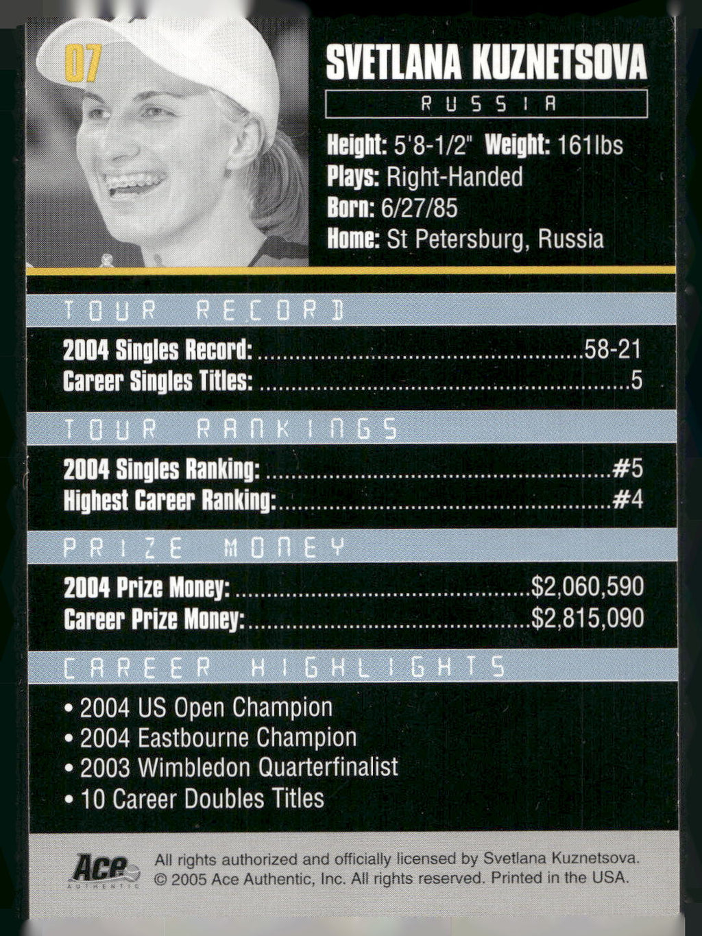 2005 Ace Authentic Debut Edition #07 Svetlana Kuznetsova