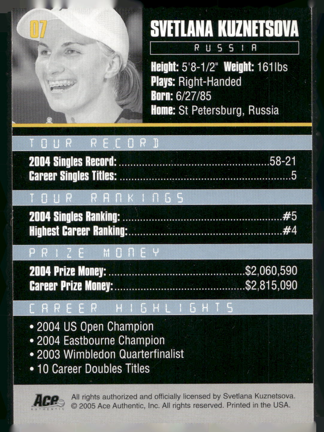 2005 Ace Authentic Debut Edition #07 Svetlana Kuznetsova
