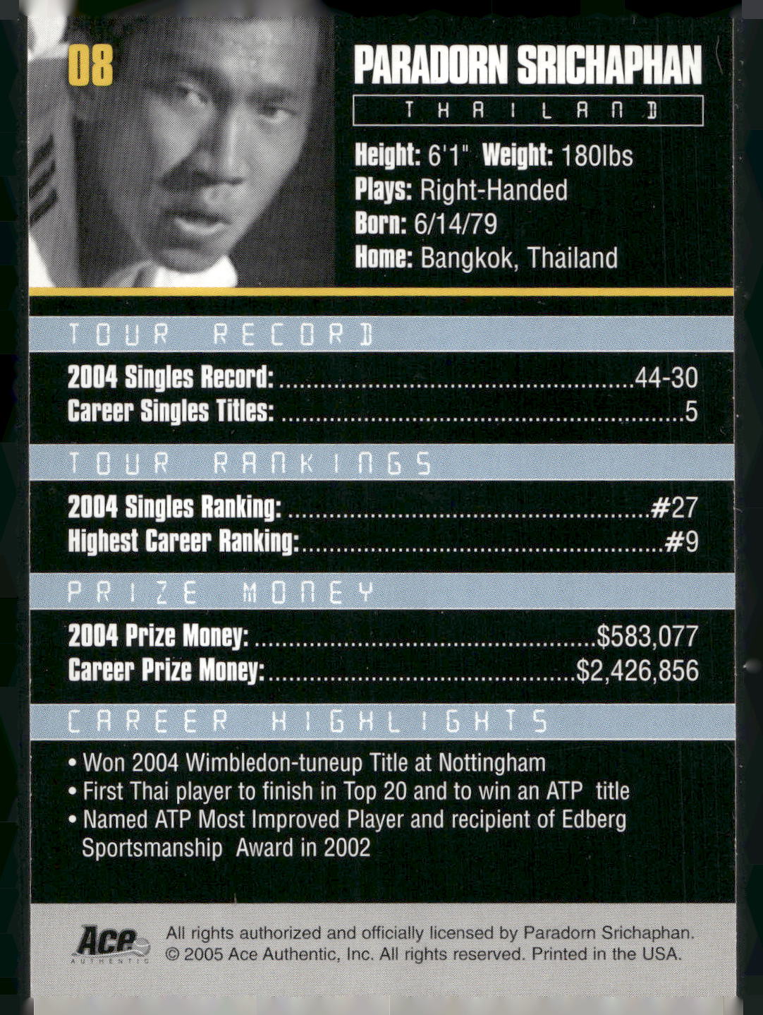 2005 Ace Authentic Debut Edition #08 Paradorn Srichaphan