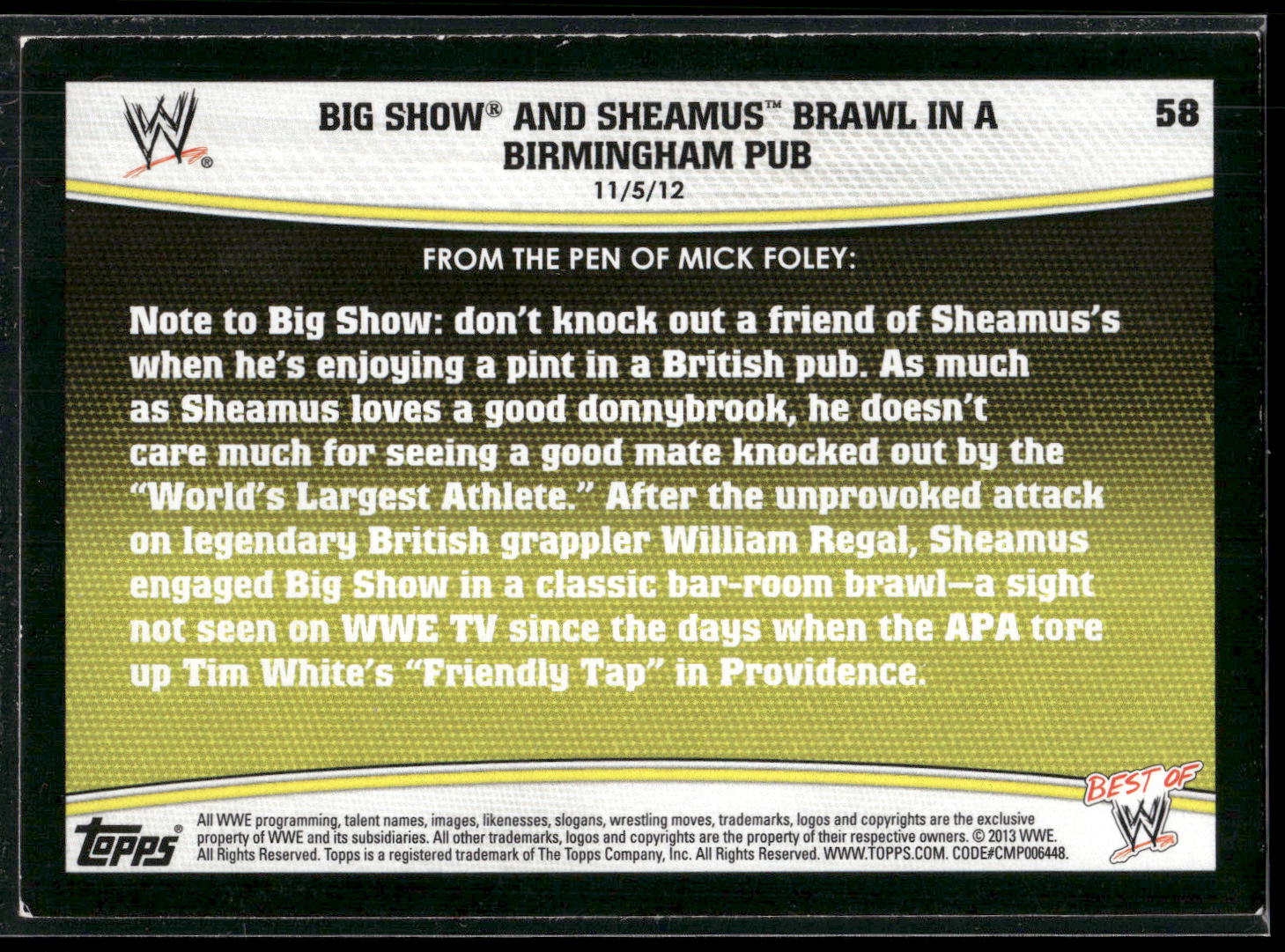 2013 Topps Best of WWE #58 Big Show and Sheamus Brawl in a Birmingham Pub
