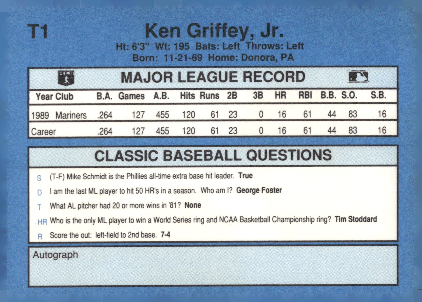 1990 Classic Yellow #T1 Ken Griffey, Jr.