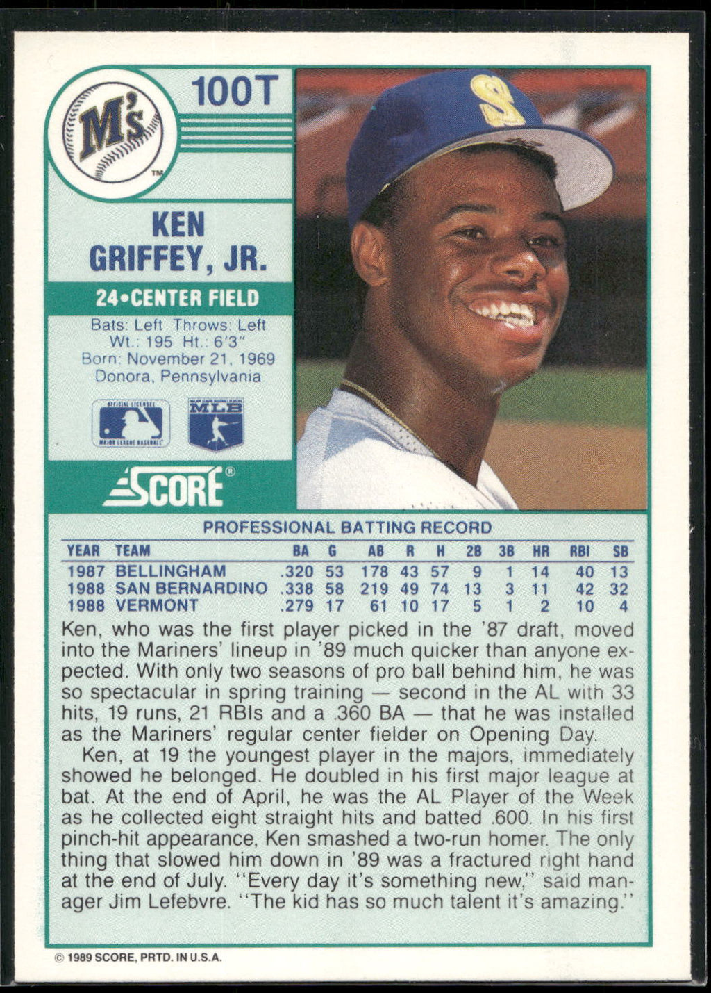 1989 Score Rookie & Traded #100T Ken Griffey, Jr.