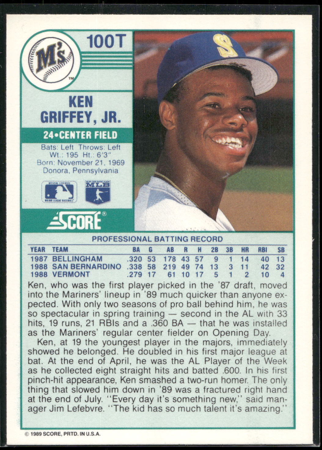 1989 Score Rookie & Traded #100T Ken Griffey, Jr.