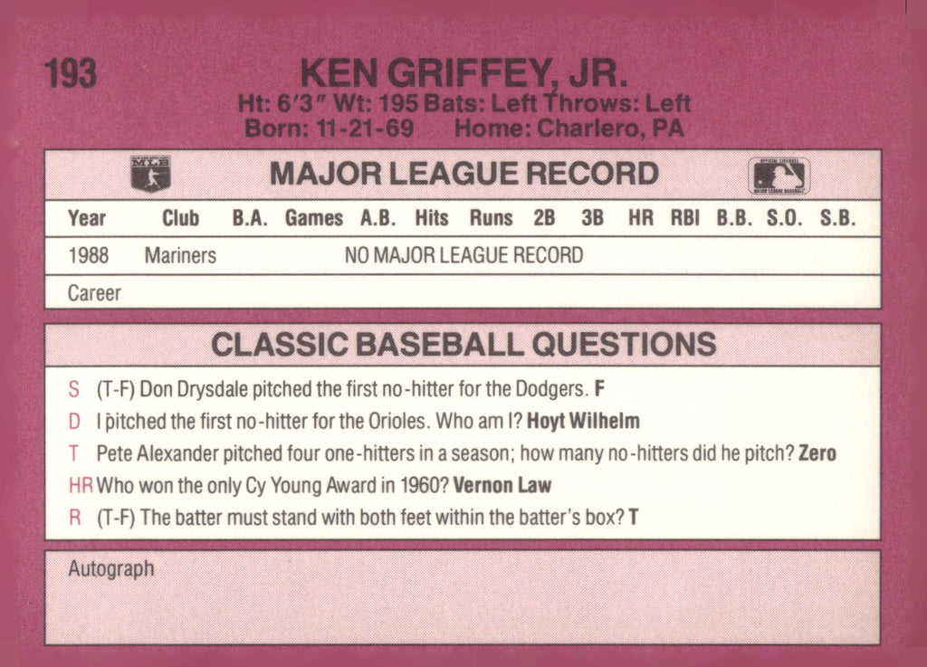 1989 Classic #193 Ken Griffey, Jr.