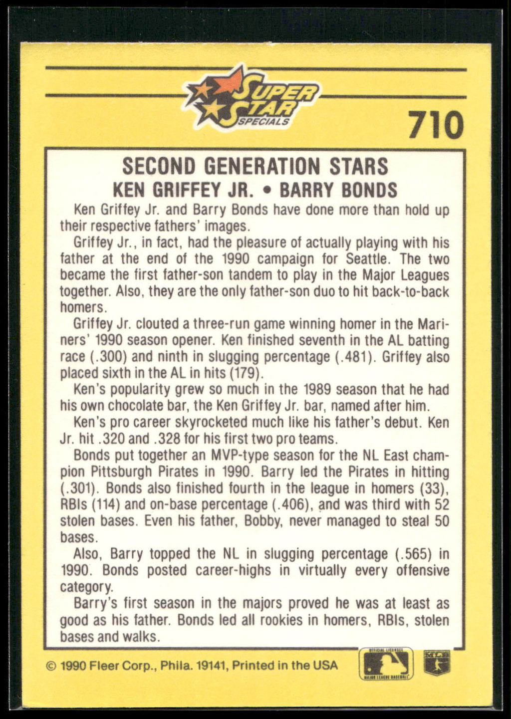 1991 Fleer #710 Second Generation Stars (Ken Griffey, Jr / Barry Bonds)